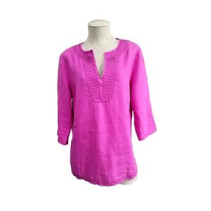 BETS by‎ CANVASBACKS 100% Linen Embroidered Tunic Blouse Shirt Women's Medium